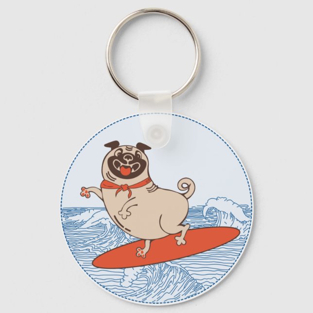 Wave riding happy pug dog on surfboard  keychain (Front)