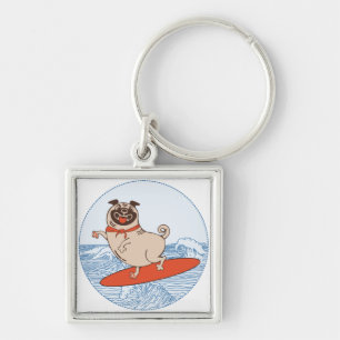Wave riding happy pug dog on surfboard keychain