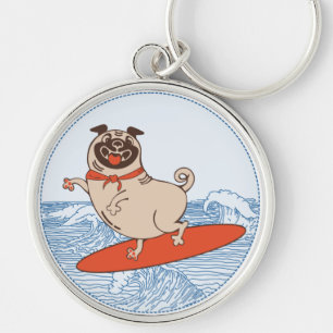 Wave riding happy pug dog on surfboard keychain