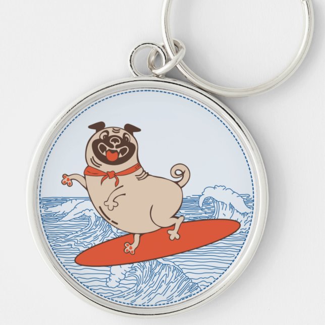 Wave riding happy pug dog on surfboard  keychain (Front)