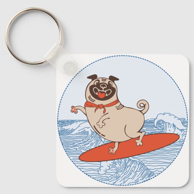 Wave riding happy pug dog on surfboard   keychain (Front)