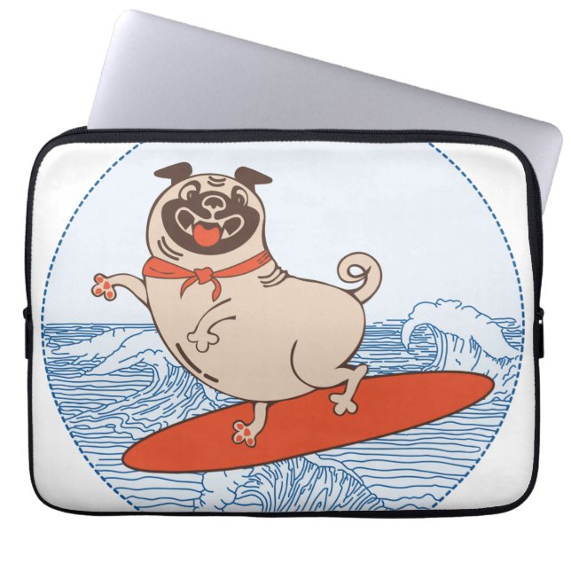 Wave riding happy pug dog on surfboard  laptop sleeve (Front)