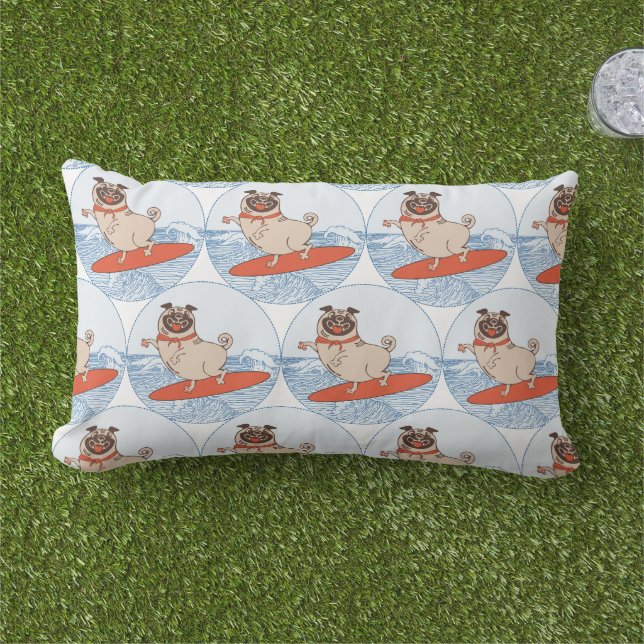 Wave riding happy pug dog on surfboard  lumbar pil lumbar pillow (Grass)