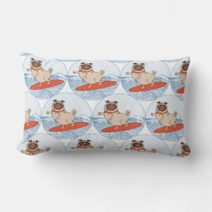 Wave riding happy pug dog on surfboard  lumbar pil pillow
