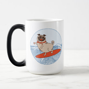 Wave riding happy pug dog on surfboard magic mug