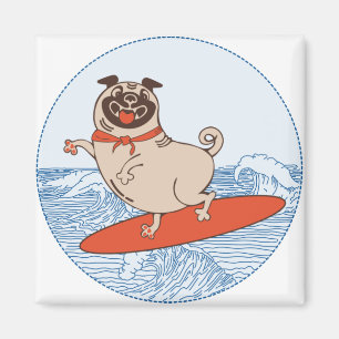 Wave riding happy pug dog on surfboard magnet
