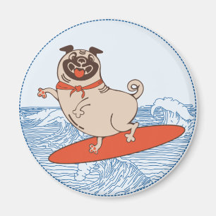 Wave riding happy pug dog on surfboard   magnet