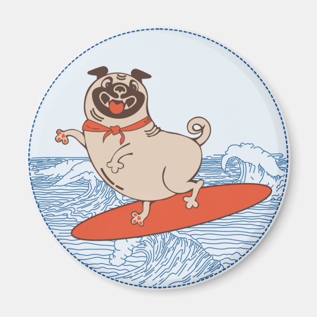 Wave riding happy pug dog on surfboard   magnet (Front)