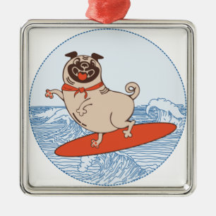 Wave riding happy pug dog on surfboard   metal ornament