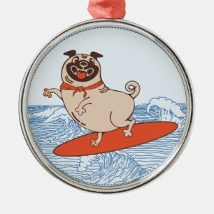 Wave riding happy pug dog on surfboard  metal ornament
