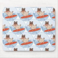 Wave riding happy pug dog on surfboard