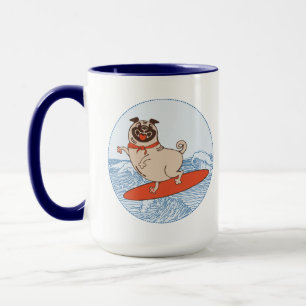 Wave riding happy pug dog on surfboard mug