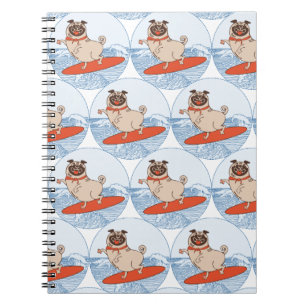 Wave riding happy pug dog on surfboard notebook