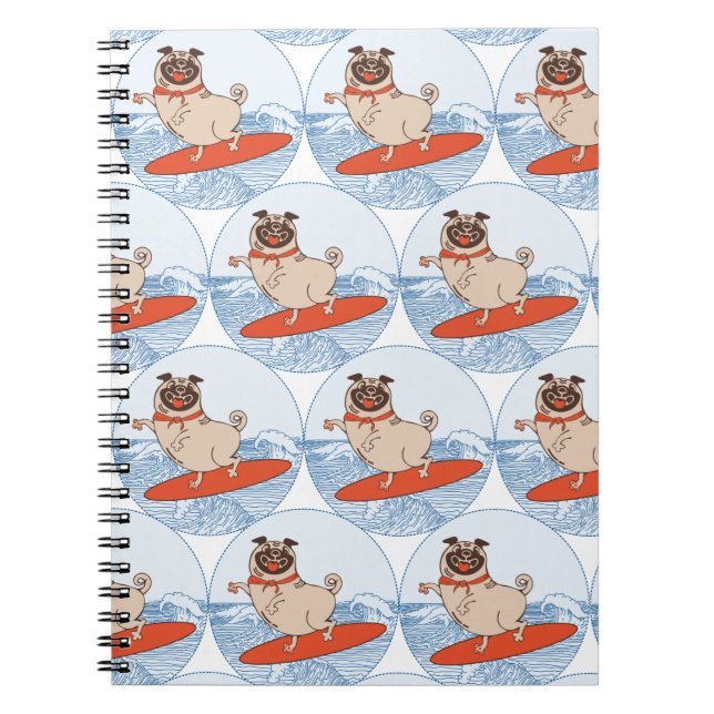 Wave riding happy pug dog on surfboard notebook (Front)