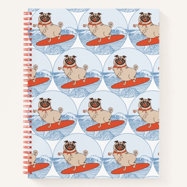 Wave riding happy pug dog on surfboard notebook (Front)