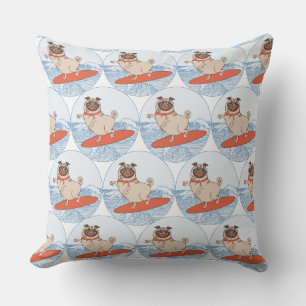Wave riding happy pug dog on surfboard  outdoor pillow