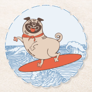 Wave riding happy pug dog on surfboard  paper coaster