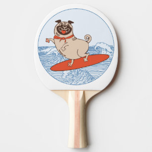 Wave riding happy pug dog on surfboard ping pong paddle