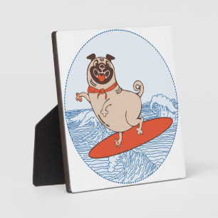 Wave riding happy pug dog on surfboard plaque