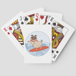 Wave riding happy pug dog on surfboard  playing cards