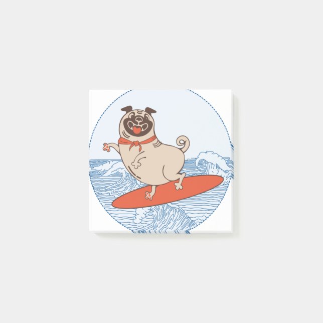 Wave riding happy pug dog on surfboard  post-it notes (Front)