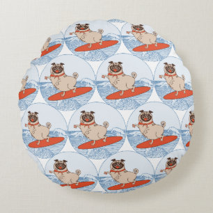 Wave riding happy pug dog on surfboard   round pillow