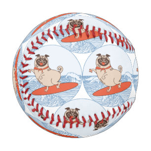 Wave riding happy pug dog on surfboard  scarf band baseball