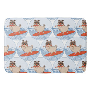 Wave riding happy pug dog on surfboard scarf band bath mat