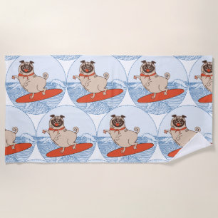 Wave riding happy pug dog on surfboard  scarf band beach towel
