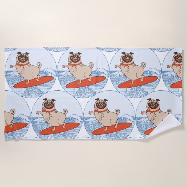 Wave riding happy pug dog on surfboard  scarf band beach towel (Front)