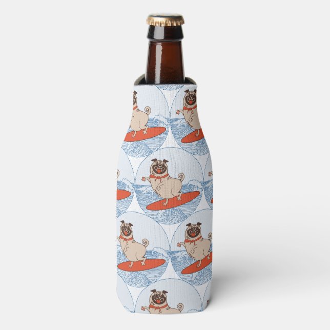 Wave riding happy pug dog on surfboard  scarf band bottle cooler (Bottle Front)