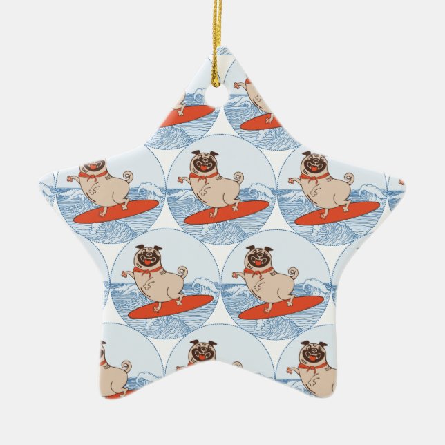 Wave riding happy pug dog on surfboard  scarf band ceramic ornament (Front)