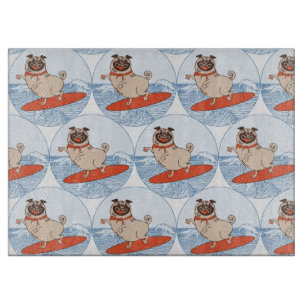 Wave riding happy pug dog on surfboard scarf band cutting board