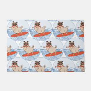 Wave riding happy pug dog on surfboard scarf band doormat