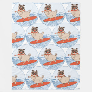 Wave riding happy pug dog on surfboard  scarf band fleece blanket