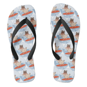 Wave riding happy pug dog on surfboard scarf band flip flops