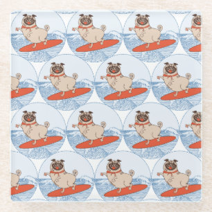 Wave riding happy pug dog on surfboard  scarf band glass coaster