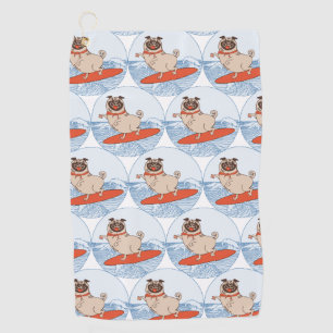 Wave riding happy pug dog on surfboard scarf band golf towel