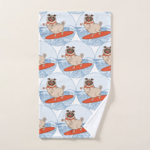 Wave riding happy pug dog on surfboard  scarf band hand towel