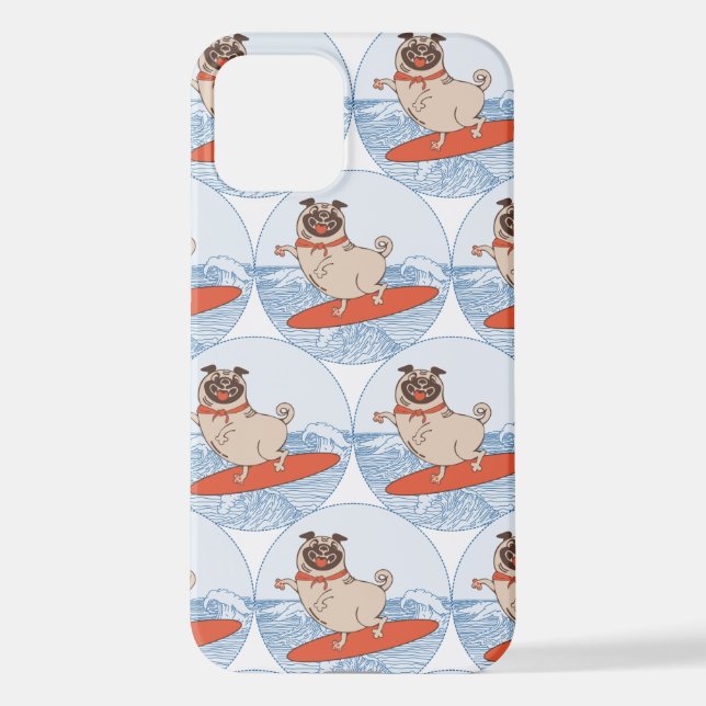 Wave riding happy pug dog on surfboard  scarf band iPhone case (Back)