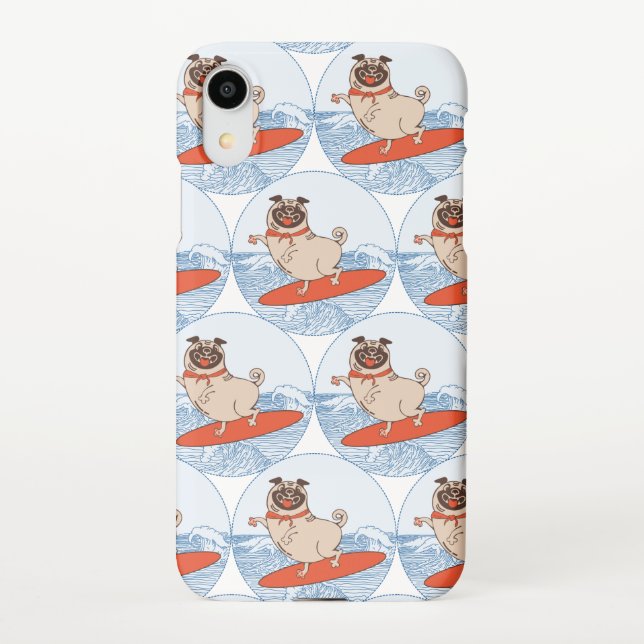 Wave riding happy pug dog on surfboard  scarf band iPhone case (Back)