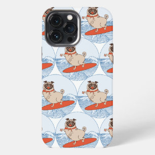 Wave riding happy pug dog on surfboard  scarf band iPhone 13 pro max case