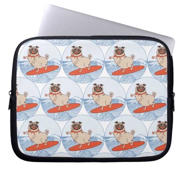 Wave riding happy pug dog on surfboard  scarf band laptop sleeve (Front)