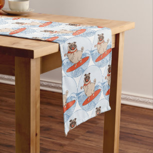 Wave riding happy pug dog on surfboard  scarf band medium table runner