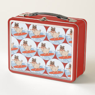 Wave riding happy pug dog on surfboard  scarf band metal lunch box