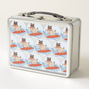 Wave riding happy pug dog on surfboard scarf band metal lunch box