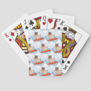 Wave riding happy pug dog on surfboard scarf band playing cards