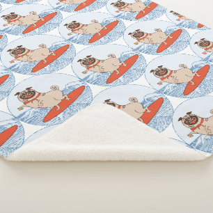 Wave riding happy pug dog on surfboard scarf band sherpa blanket