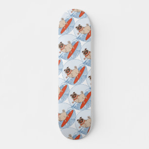Wave riding happy pug dog on surfboard scarf band skateboard