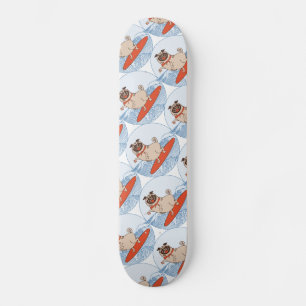 Wave riding happy pug dog on surfboard scarf band skateboard